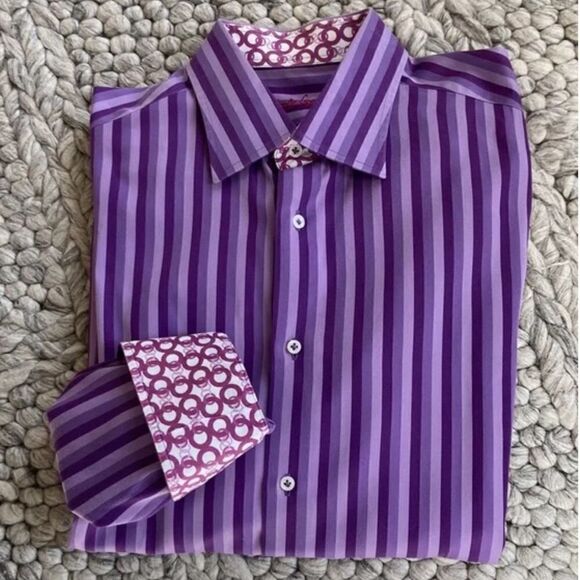 Robert Graham Contrasting Collar & Cuffs Striped Cotton Button Down Shirt - Picture 1 of 8
